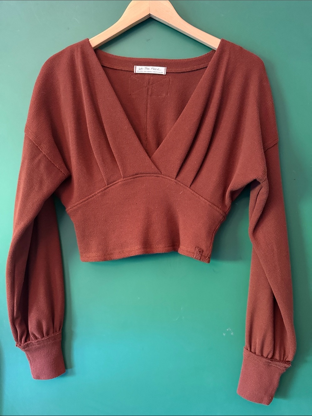 We The Free Rust Waffle-Knit Crop Deep V-neck Fitted Ribbed Hem Boho Womens XS
